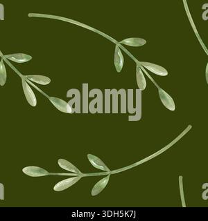 Nahtloses Aquarellmuster mit dünnen Zweigen auf dunkelgrünem Hintergrund. Ein botanisches Ornament mit grünen Blättern. Minimalistischer, nahtloser Hintergrund Stockfoto