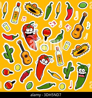 Aufkleberset mit heißer Chili-Pfeffer. Heiße Zeichentrickserie Jalapeno Cinco de Mayo Partykollektion Aufkleber Patches, Etiketten, Tags. Eine Gitarre, Tequila, ein Kaktus. Stock Vektor