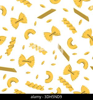 Nahtloses Nudelmuster. Verschiedene Nudelsorten. Hintergrund mit verschiedenen Nudeln. Farfalle, Penne, Spaghetti, Makkaroni, Orzo und Fusilli. Stock Vektor