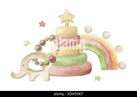 Eine Aquarellillustration von pädagogischem hölzernem Öko-Spielzeug für ein Baby. Die Elefantenrassel, Pyramide, Regenbogen und Sterne sind handgezeichnet Stockfoto
