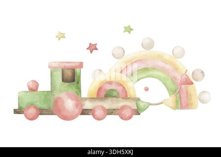 Eine Komposition aus hölzernem Lernspielzeug für ein Kleinkind. Die handgezeichnete Aquarellillustration zeigt einen umweltfreundlichen Boho-Stil in weichem Pastellfarben Stockfoto