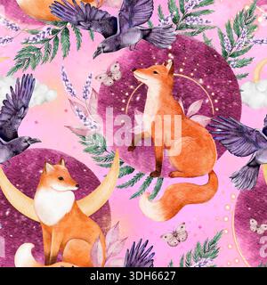 Nahtloses Muster mit Füchsen, Mond- und Waldpflanzen. Handgemalte Aquarellillustration für Textilien, Tapeten, Geschenkpapier und Kindermotive. Stift Stockfoto
