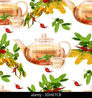 Ein nahtloses Hagebuttentee-Muster mit einer Tasse und einem Zweig Beeren. Die handgezeichnete Aquarellabbildung ist auf weißem Hintergrund. Geeignet für Kräuter Stockfoto