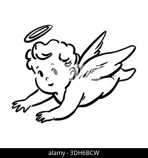 Line Art Cupid im Vintage-Stil. Logodesign mit Vektor-Logo. Niedlicher fliegender Engel mit Halo Stock Vektor