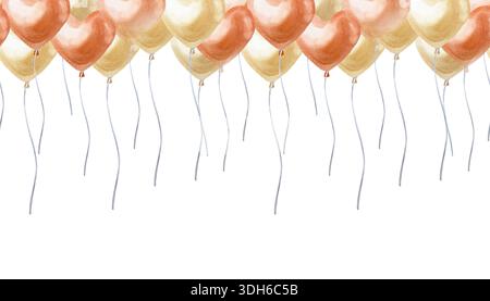 Herzballons nahtloser Rand. Handgezeichnete Aquarellillustration, isoliert. Für Karten und Einladungen zum Valentinstag, Geburtstag und Deklarationen Stockfoto