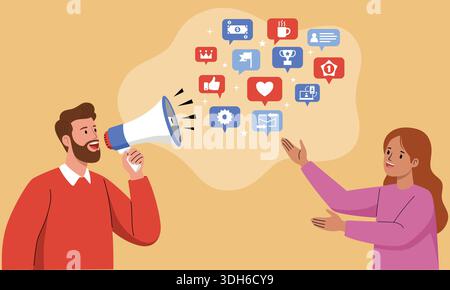 Mann, der Megaphon mit Social-Media-Ikonen schreit Stock Vektor