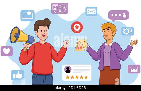 Mann mit Megaphon und Frau mit Charts, die digitale Marketingstrategie und Social-Media-Analysen diskutieren. Stock Vektor