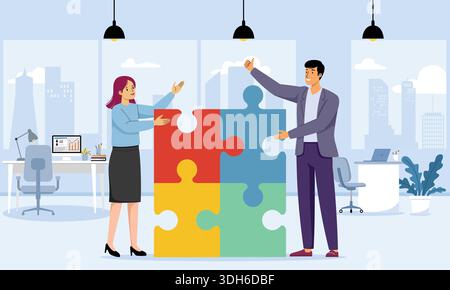 Teamwork-Konzept mit Puzzleteilen im Büro Stock Vektor
