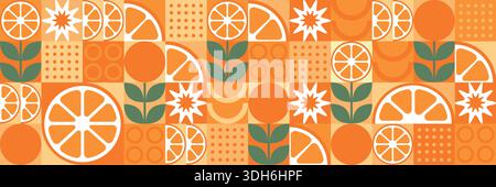 Tropische Früchte Orange, Blätter und Scheiben. Abstrakter geometrischer Hintergrund im Bauhaus-Stil. Satz von Vektorsymbolen in einem einfachen, flachen, minimalistischen Stil. Stock Vektor