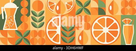 Tropische Früchte Orange, Blätter und Scheiben. Abstrakter geometrischer Hintergrund im Bauhaus-Stil. Satz von Vektorsymbolen in einem einfachen, flachen, minimalistischen Stil. Stock Vektor