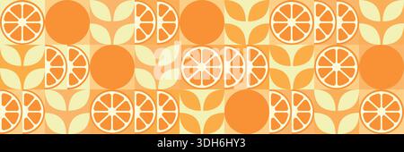 Tropische Früchte Orange, Blätter und Scheiben. Abstrakter geometrischer Hintergrund im Bauhaus-Stil. Satz von Vektorsymbolen in einem einfachen, flachen, minimalistischen Stil. Stock Vektor