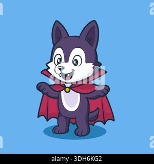 Niedliches Halloween Vampir Wolf Maskottchen, Cartoon Werwolf mit Dracula Cape Figur Illustration Stock Vektor
