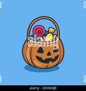 Niedlicher Halloween Kürbis Korb mit Süßigkeiten, Jack O Laterne Trick or Treat Eimer Illustration Stock Vektor