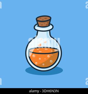 Orange Zaubertrank in Glasflasche mit Kork, gruselige Hexenbraudose für Halloween und Fantasy Stock Vektor