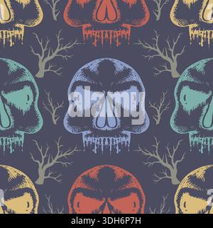 Nahtloses Muster mit Schädeln und toten Bäumen. Vektorabbildung. Stock Vektor