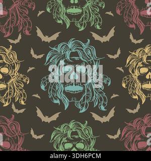 Nahtloses Muster mit Schädel, Fledermaus und Federn. Halloween-Vektor-Illustration. Stock Vektor
