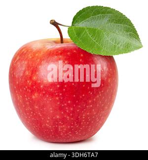 Rote Äpfel isoliert auf weißem Hintergrund. Schnittpfad für reife frische Äpfel. Apfel mit Blatt Stockfoto