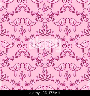 Vogelmuster, minimalistisches Hochzeitseinladungsmotiv, elegante, zarte Vogelwiederholung mit floralen Akzenten, nahtloses Blumen- und Vogelmuster für Stock Vektor