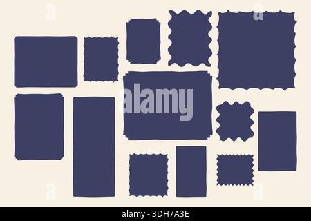 Abstrakte, unregelmäßige Rechteckformen, große Textfelder. Organisches einfaches flaches Blob-Element. Wellenförmige Zickzackkante, blaue Farbelemente. Geometrisch Modern Stock Vektor