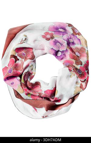 Eleganter Schal aus gebundener Seide mit Blumenmuster isoliert auf weißem Hintergrund Stockfoto