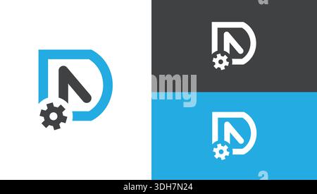 Modernes D-Letter-Logo mit Symbolen für Zahnräder und Mauszeiger, das Technologie, Innovation und digitale Lösungen symbolisiert. Stock Vektor