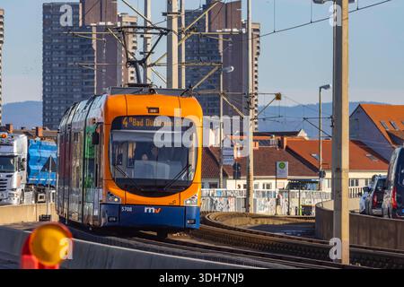 Straßenbahn auf der Kurt-Schumacher-Brücke, die Mannheim und Ludwigshafen über den Rhein verbindet. Betrieben wird das Straßenbahnnetz von der Rhein-Neckar-Verkehr GmbH RNV. // 16.01.2026, Mannheim, Baden-Württemberg, Deutschland *** Straßenbahn auf der Kurt-Schumacher-Brücke, die Mannheim und Ludwigshafen über den Rhein verbindet das Straßenbahnnetz wird von der Rhein Neckar Verkehr GmbH RNV 16 01 2026, Mannheim, Baden Württemberg, betrieben Stockfoto