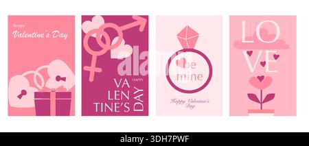 Vorlagen zum Happy Valentines Day für Poster, Werbebanner und Grußkarten. Vektorhintergründe, geometrischer Stil mit Herzformen und romantischen Elementen. Kreatives Design in minimalistischem Stil. Stock Vektor