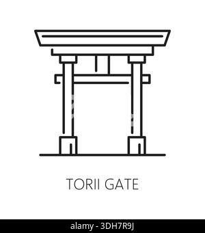 Japan Tori Gate, Asia Travel Line Symbol oder Etikett. Asien Urlaub Reise Symbol, Japan Urlaub Reise Vektor Piktogramm. Schild oder Symbol für asiatische Landkultur mit Tor zum shintoismus-Tempel Stock Vektor