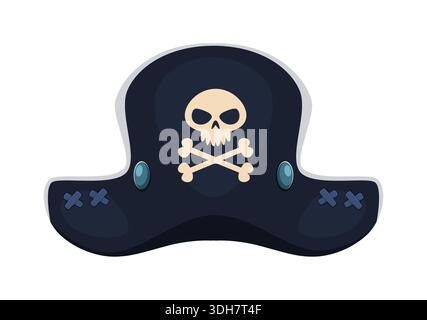 Tricorn und Korsair-Hut mit Totenkopf und Kreuzknochen-Emblem. Kopfbedeckung des Vektorkapitäns symbolisiert Abenteuer, Korsair Geist und Fantasy Ozeanraub. Vintage Piraten Cocked Kostümmmkappe Stock Vektor