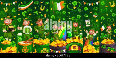 Collage mit den Kobold-Figuren zum Happy St. Patrick's Day. Irische festliche Collage- oder Vektorgrußkarten. Saint Patrick-Feiertagsbanner mit Kleeblatt, Topf mit Goldmünzen und Kobold-Persönlichkeiten Stock Vektor
