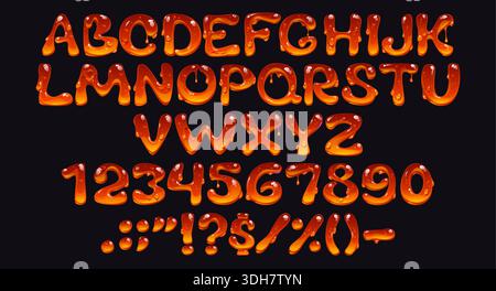 Honigbiene Schriftart, süße Bernsteinschrift, 3D gelbe Bonbons, flüssige leckere englische Buchstaben und Zahlen. Vektortypografie Honig tropfende Schrift abc Zeichen, geschmolzene süße Lebensmittel Art Stock Vektor