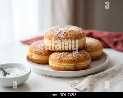 Italienischer Karnevalsgraffe, traditionelle gebratene Teigringe mit Puderzucker, serviert auf einer Keramikplatte mit weichem Tageslicht. Stockfoto