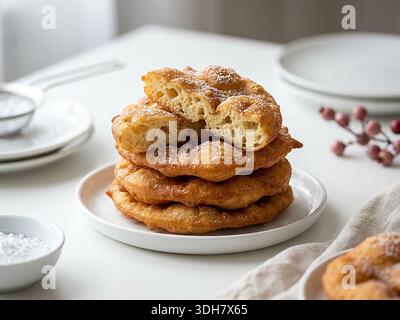 Italienisches Karnevalsfrittelle, traditionelles frittiertes Teiggebäck mit weicher Innenausstattung und Puderzucker, serviert auf einer weißen Platte mit Tageslicht Stockfoto