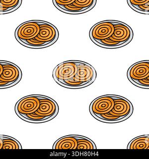 Nahtloses Vektormuster von süßen orange Spiralgebäck auf Tellern, Kritzelillustration Stock Vektor