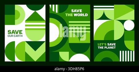 Rette die Planeten-Poster mit abstrakten geometrischen Mustern moderner Formen und Vektorhintergründen. Bewahren Sie die Umwelt- und Umweltplakate der Erde mit grünen geometrischen Formmustern für den Naturschutz Stock Vektor
