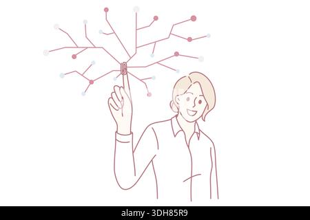 Touch-Fingerkennung und Sicherheitskonzept. Junge lächelnde Frau, die mit dem Finger auf den Bildschirm drückt, um sie zu identifizieren und auf die Vektorgrafik für persönliche Seiten zuzugreifen Stock Vektor