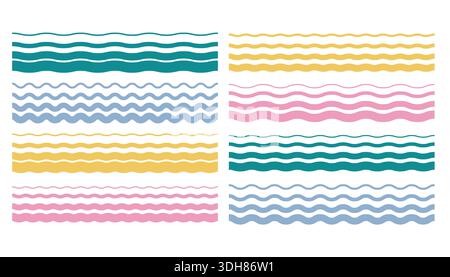 Ein Satz von bunten, nahtlosen Wellenlinien im Halbton in Petrol, Blau, Gelb und Rosa. Gestreifte Unendlichkeitsmuster. Ideal für moderne abstrakte Designs und Muster Stock Vektor