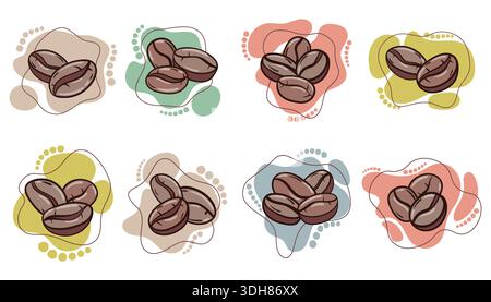 Ein Satz von acht farbenfrohen Vektorsymbolen mit handgezeichneten gerösteten Kaffeebohnen auf abstrakten Pastellhintergründen mit Strichgrafik-Details. Ideal für c Stock Vektor
