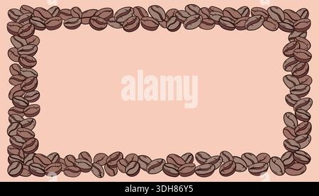 Eine Kritzelskizze mit einem quadratischen Rand aus gerösteten Kaffeebohnen auf rosa Hintergrund. Perfekt für Cafémenüs, Textrahmen, Verpackungsdesign und Kaffee Stock Vektor