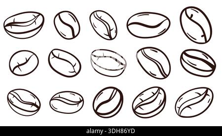 Ein Satz von 15 handgezogenen Kaffeebohnen. Skizzenstil kritzeln. Ideal für Café-Menüs, Branding und Verpackungsdesign. Konzentriert sich auf natürliche und biologische Rapssorten Stock Vektor