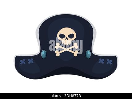 Tricorn und Korsair-Hut mit Totenkopf und Kreuzknochen-Emblem. Kopfbedeckung des Vektorkapitäns symbolisiert Abenteuer, Korsair Geist und Fantasy Ozeanraub. Vintage Piraten Cocked Kostümmmkappe Stock Vektor