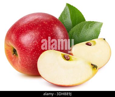 Frisches rotes Apfelblatt isoliert auf weiß. Bio-Apfel. Apple Beschneidungspfad. Volle Schärfentiefe Stockfoto