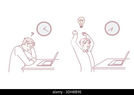 Frustration oder Innovation im Geschäftskonzept. Gestresster Mann im Zweifel mit Frage im Kopf und glücklicher Arbeiter mit großer Idee sitzen im Büro Erstellen von Ideen Vektor Illustration Stock Vektor