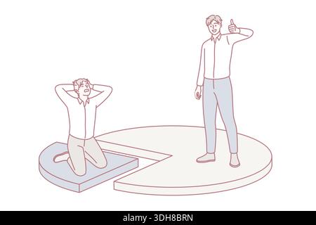 Wettbewerb und Markershare-Konzept für Unternehmen. Ein gestresster trauriger Geschäftsmann auf kleinen Marktanteil sitzen berühren Kopf und ein anderer mit großen zeigt Daumen nach oben Zeichen Entwicklung Vektor-Illustration Stock Vektor