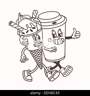 Zeichentrickfiguren aus Eis und Kaffeetasse in einem einfachen, groovigen Linienstil, der zusammen läuft. Eis und Kaffee Vektor Illustration für Aufkleber Stock Vektor