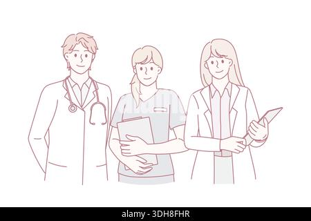 Gesundheitsmedizin und Ärzte Konzept. Gruppe junger lächelnder Ärzte mit Stethoskop und Krankenschwester, die mit Dokumenten steht und die Kamera als Team-Vektor-Illustration betrachtet Stock Vektor