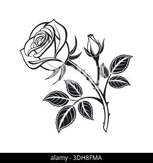 Dekorative Rose mit Blättern Blume Silhoutte. Vektorgrafik Stock Vektor