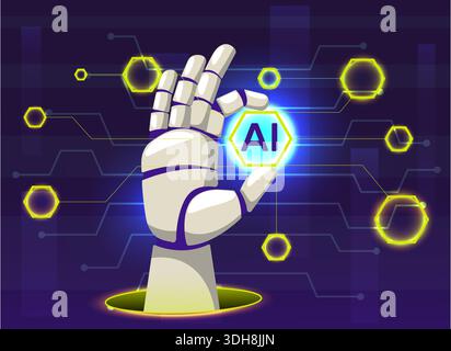Roboterarm hält einen Prozessor mit der Aufschrift Künstliche Intelligenz. Elektronische KI-Technologie. Robotische Hand zeigt Computertaste. Automatisierungssoftware-Schaltung Stock Vektor