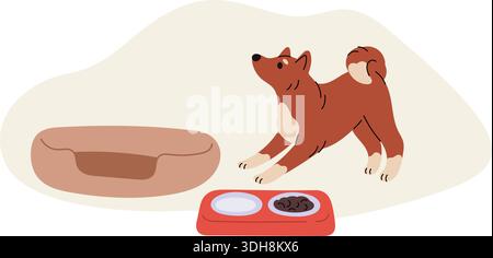 Glückliches Haustier. Veterinärmedizinische Instrumente. Kopfkissenbett und Schüsseln mit Hundefutter oder Wasser. Pflege von Haustieren. Ernährung des Haussäugetieres. Hundezuführschale. Tierarzt Stock Vektor