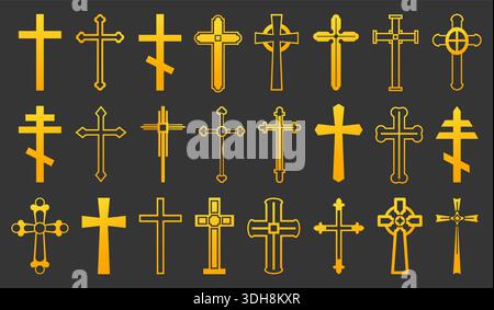 Goldene Kreuze christlicher Religion. Biblisches Kruzifix. Linienkontur und Silhouette goldene heilige Zeichen. Christus heiliger glaube. Vektorsatz religiös Stock Vektor